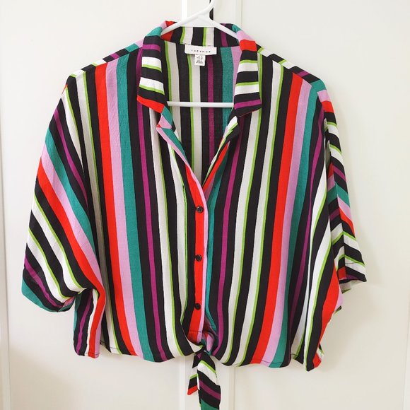 Topshop Stripe Tie-Front Button Down Shirt - Size 10 - Picture 1 of 4